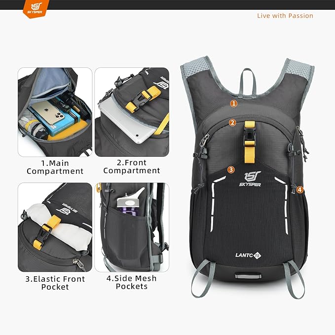 SKYSPER Small Hiking Backpack - 15L Travel Daypack Lightweight Bag Water Resistant Hiking Backpacks