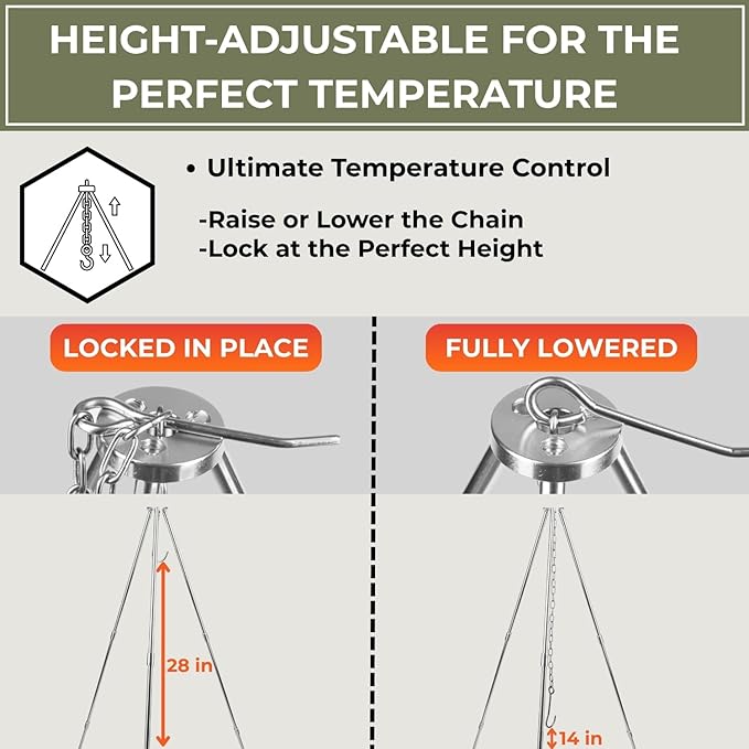 Tactiko Survival Campfire Cooking Tripod ??33" Stainless Steel Folding Stand with Adjustable Chain