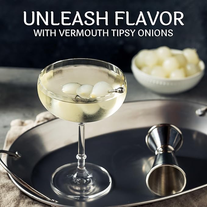 Tipsy Cocktail Onions in Jar with French Vermouth - Pickled Silverskin Onions for Cocktails