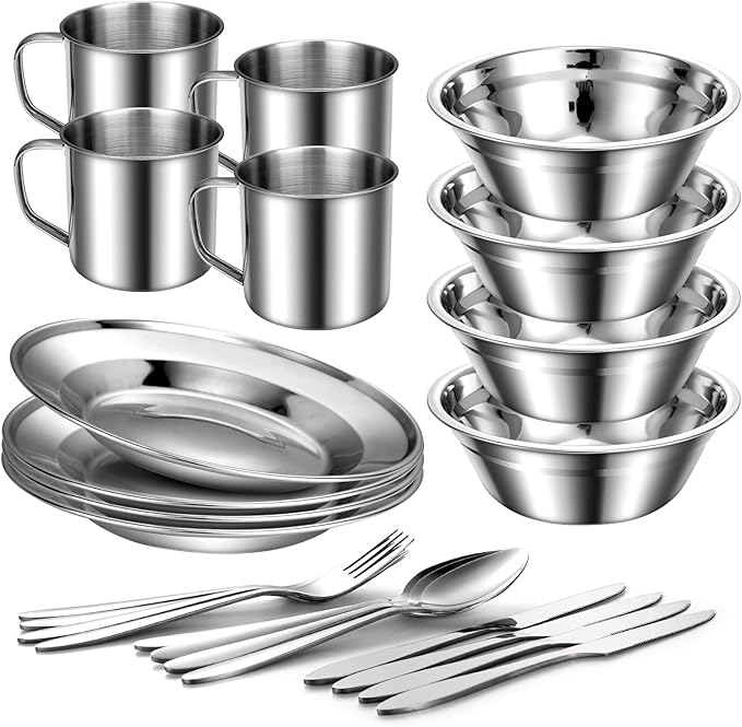 Odoland 29pcs Stainless Steel Utensils Camping Tableware Kit with Bowls Plates Cups Forks Spoons