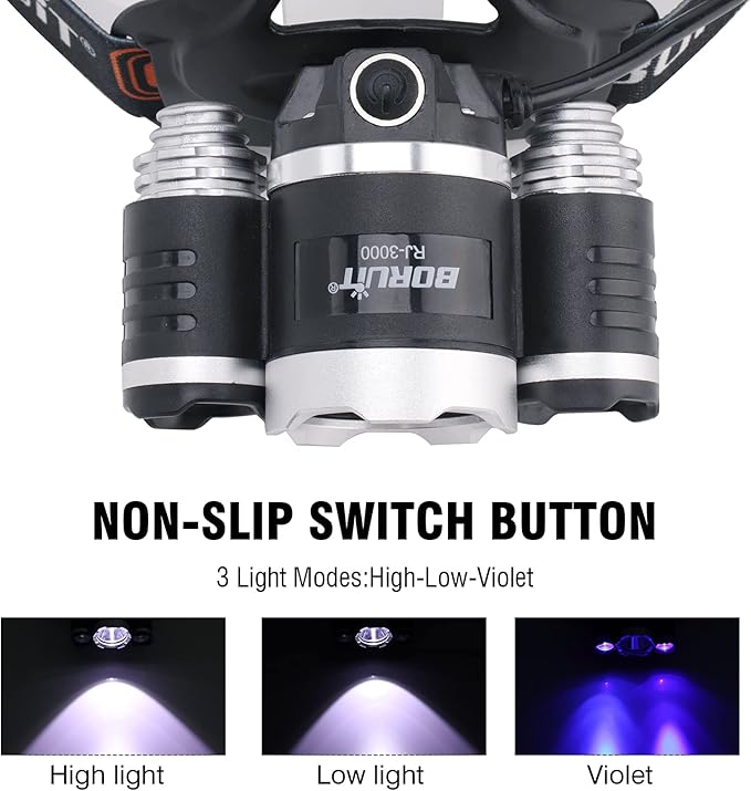 BORUIT RJ-3000 Rechargeabe LED Headlamp Super Bright with Black Light, 3 Modes Super Bright USB