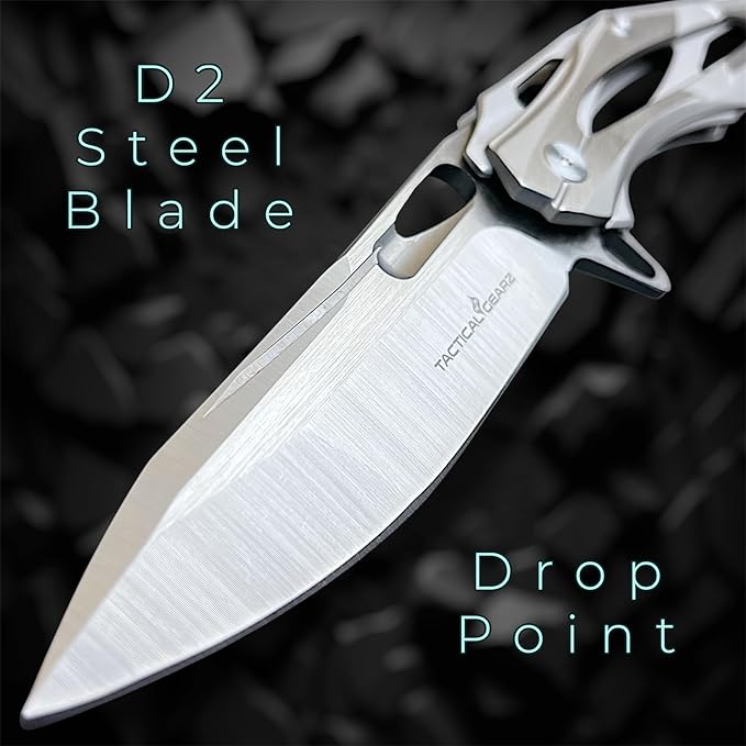 TACTICAL GEARZ Stainless Steel Pocket Knife, Brushed Nickel Stainless Steel Handle, D2 Steel Blade