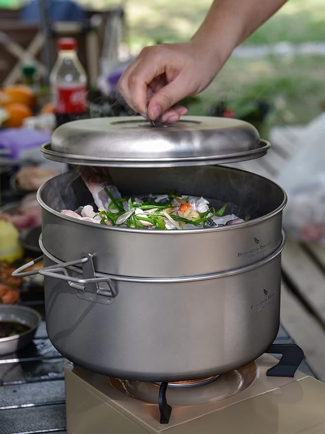 Boundless Voyage Titanium 4.5L Hanging Pot with Steaming Rack Folding Handle Outdoor Camping