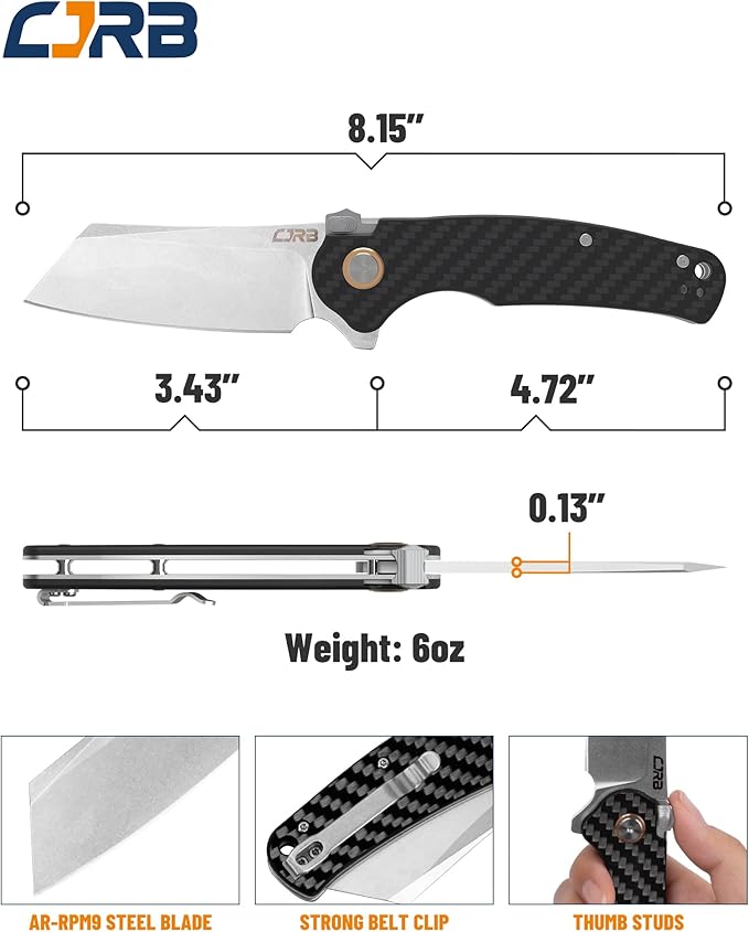 CJRB Crag Tactical Knife,Cleaver Pocket Folding Knife with Stonewash AR-RPM9 Steel Blade and Carbon