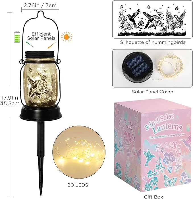 Hummingbird Solar Lantern Outdoor Garden Decor, Gifts for Women Mom Gradma Birthday Gifts, Hanging