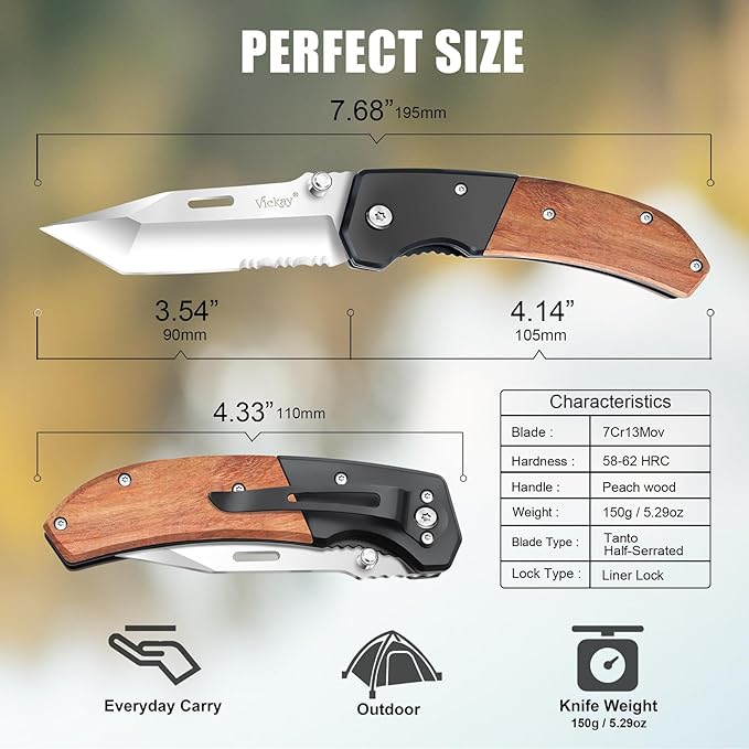 Vickay Pocket Knife, Folding Knife with Clip - 3.54″ Tanto Serrated Blade, Wood Handle EDC Knife