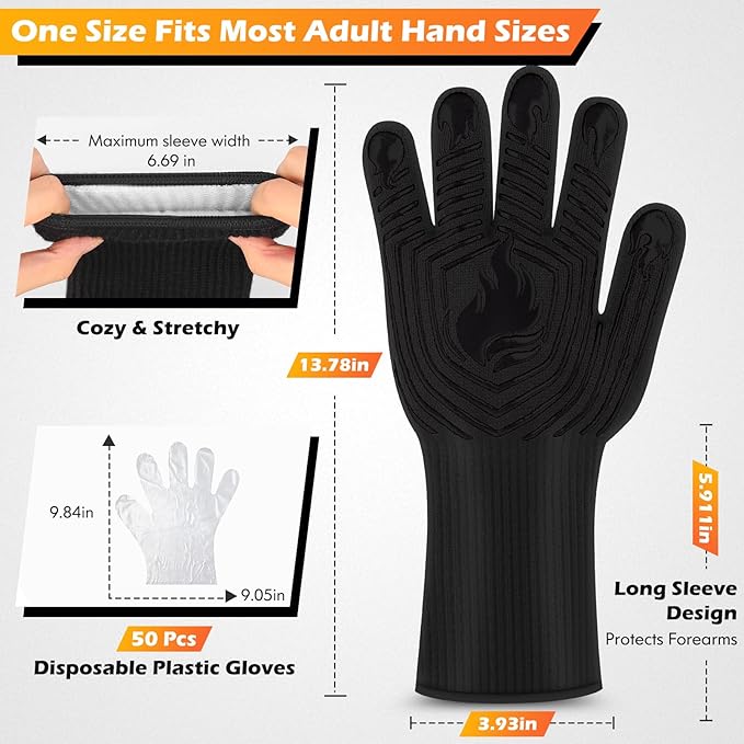 BBQ Gloves, 1472°F Heat Resistant Fireproof Mitts, Silicone Non-Slip Washable Oven Kitchen Gloves