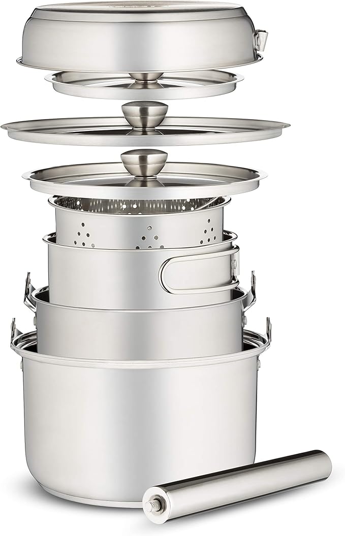 Camping Cookware Set 304 Stainless Steel 8-Piece Pots & Pans Open Fire Cooking Kit | Frying Pan