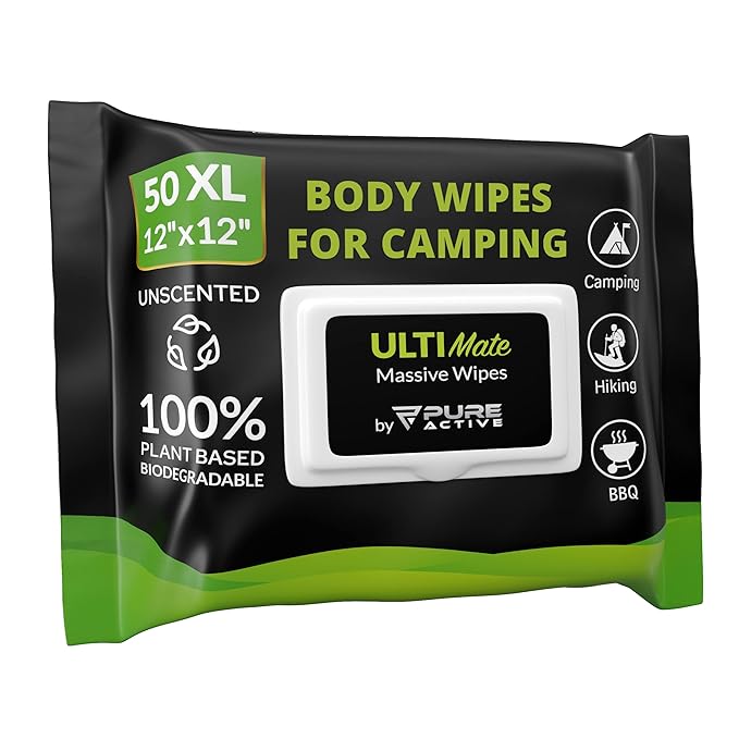 Body Wipes for Camping 50 XXL Camping Wipes 12''x 12'', Shower Body Wipes for Camping, Body and