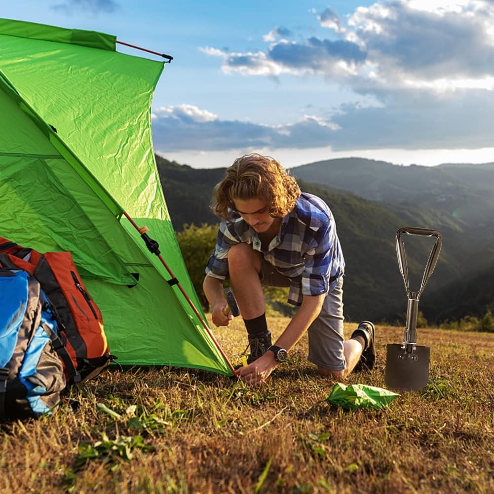 PLACHIDAY Camping Shovel Set, 3-in-1 Ultra-Light Aluminum Mini Shovel & 18.5'' Folding High Carbon