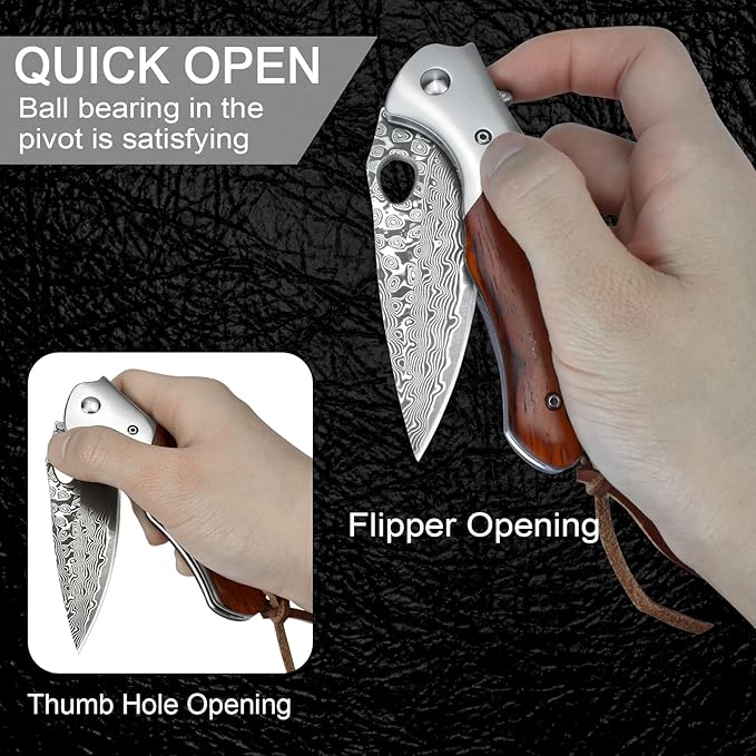 KOMWERO Damascus Pocket Knife for Men, VG10 Core Damascus Steel Folding Knife with Wood Handle