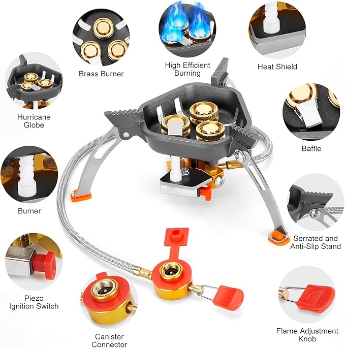 WADEO 7200W Windproof Camping Stove, Camping Gas Stove with Piezo Ignition, Two Fuel Canister