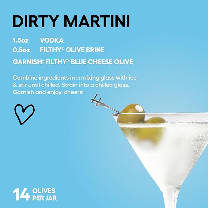 Filthy Blue Cheese Stuffed Olives, Premium Cocktail Garnish, Blue Cheese Stuffed Olives, Naturally
