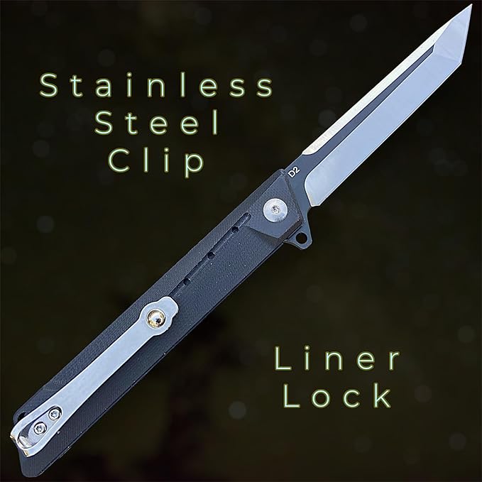 TACTICAL GEARZ Pocket Folding Knife for EDC, G10 Handle, D2 Steel Tanto Blade, Includes Sheath (Nyx