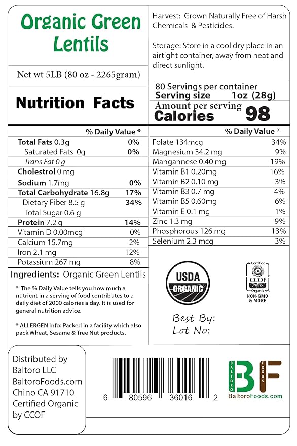 Organic Green Lentils Whole Raw, High Fiber Non-GMO-Bulk (5LB)
