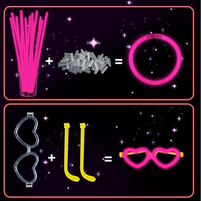 60 Pack 8??Pink Glow Sticks Bulk Bright Glow Sticks with 60 Connectors 20 Heart Glasses Glow In The