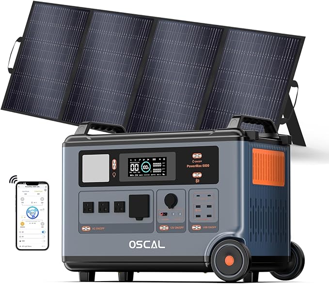 OSCAL Solar Generator 3600Wh PowerMax 6000 with 400W Portable Solar Panel, 120V/240V Power Station