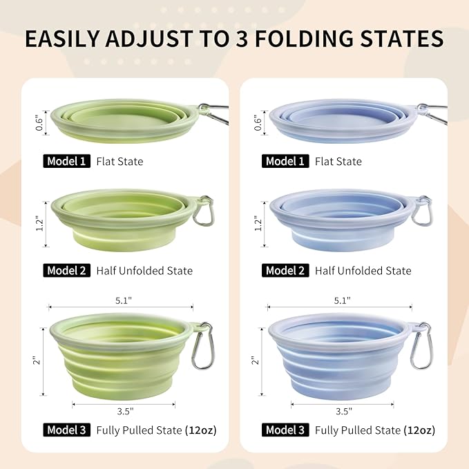 Collapsible Dog Bowls 2-Pack, Portable Travel Dog Bowl with Carabiner, Food-Grade Silicone Pet Bowl