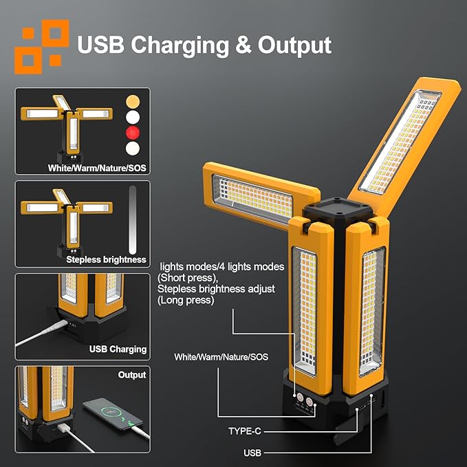 13200mAh Rechargeable Solar Work Light,IPX4 Waterproof with Folding Stand Support and Portable