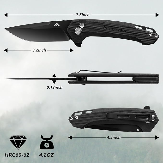 FLISSA Pocket Folding Knife, 3.2??D2 Blade G10 Handle EDC Knife with Button Lock and Pocket Clip