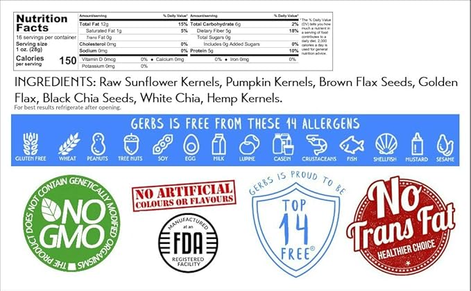 GERBS Raw Super 7 Seed Snack Trail Mix 1 LBS. | Top 14 Food Allergy Free | Resealable Bulk Bag |