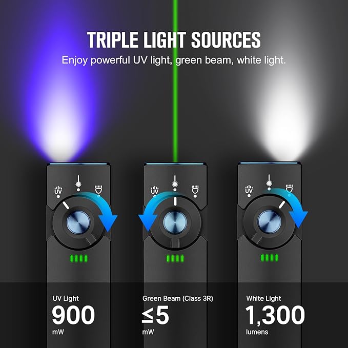 OLIGHT Arkfeld Pro Rechargeable EDC Flat Flashlight with Green Beam, UV and White LED Combo, 1300
