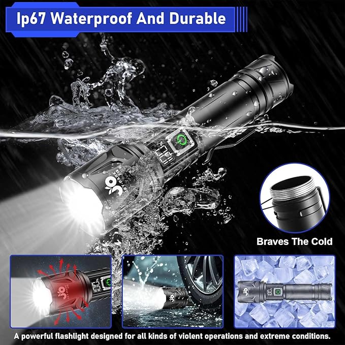 JAY-PARK High Lumen Flashlight - 10000 Lumens, Rechargeable 5000mAh with LCD Display, Zoomable Long
