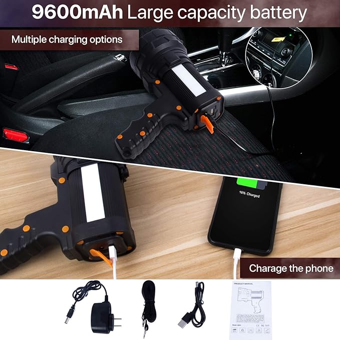 Powerful Spotlight - Super Bright 6000 Lumen Rechargeable Flashlight with 3 Light Modes, Long