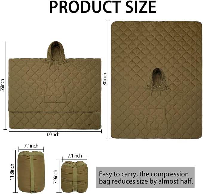 Poncho Liner Hoodie with Pocket Insulated Military Sleeping Bag Waterproof for Outdoor Camping