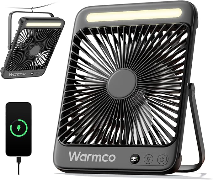 Warmco 20000mAh 8-inch Portable Camping Desk Fan, [15-48H Working Hours] Ultra-thin LED Light