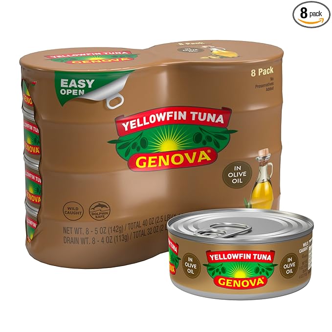 Genova Premium Yellowfin Tuna in Olive Oil, 5 Ounce Cans, 8-Pack ??Nutrient Rich, High Protein