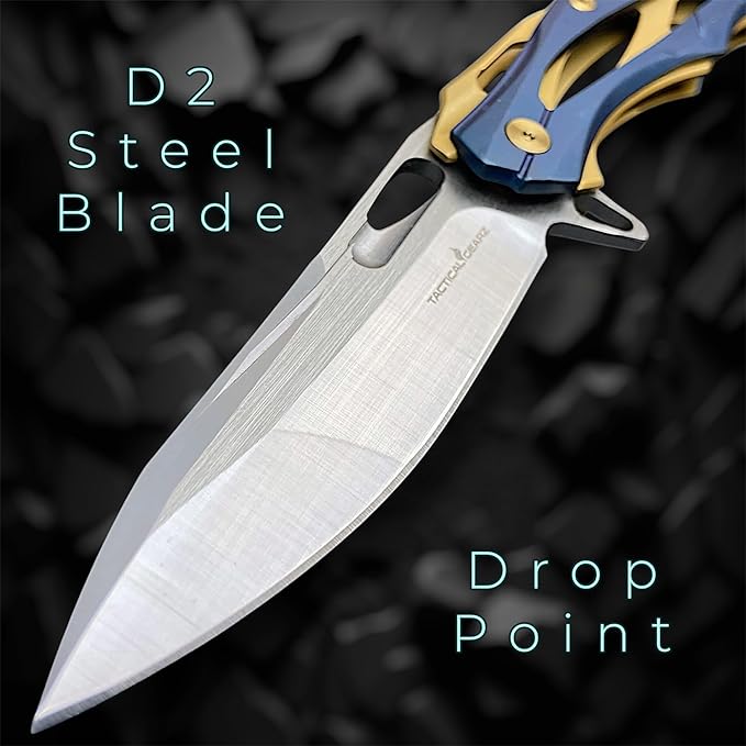 TACTICAL GEARZ Stainless Steel Pocket Knife, Stainless Steel Handle, D2 Steel Drop Point Blade