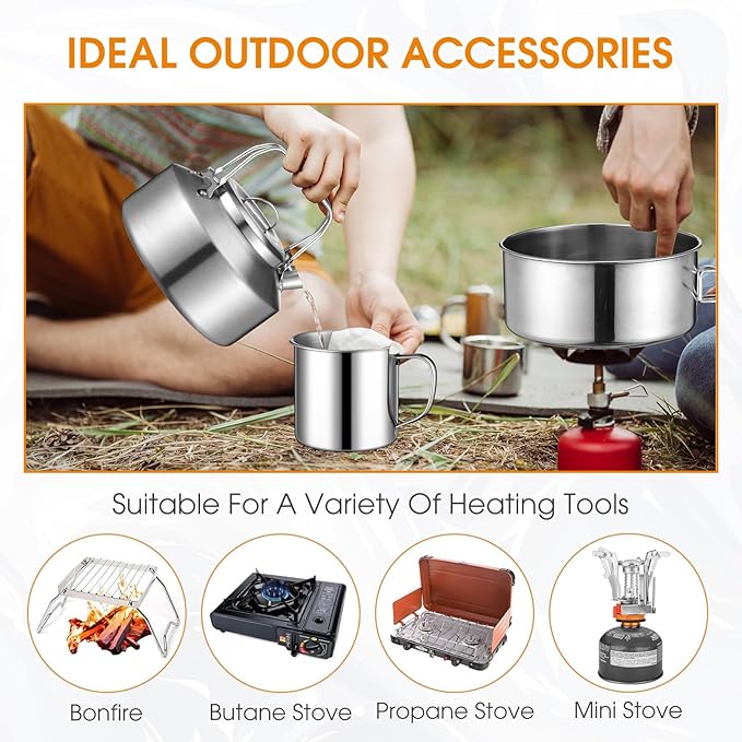 15 Pcs Camping Cookware Mess Kit Outdoor Cooking Set Stainless Steel with Pot and Pan Kit 2 Set
