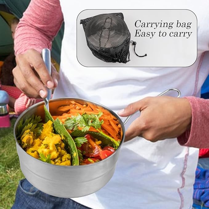 DOERDO Stainless Steel Camping Cook Pot with Lid and Folding Handle, 1.5L Camping Cookware Large