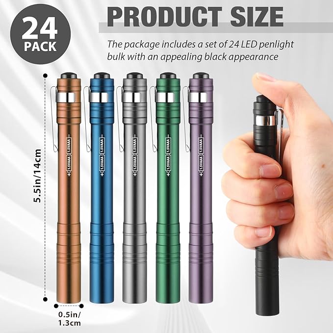 24 Pack Mini Pen Flashlights Bulk LED Pen Lights Aluminum Pocket Flashlights with Clips Small