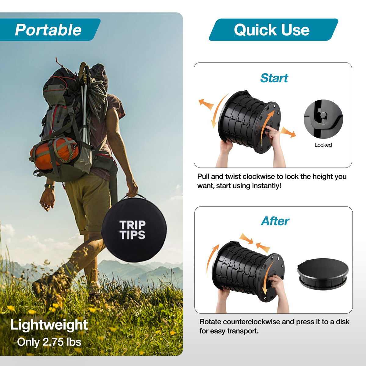 TRIPTIPS Upgrade Retractable Portable Toilet Travel Toilet Adjustable Height Camping Toilet