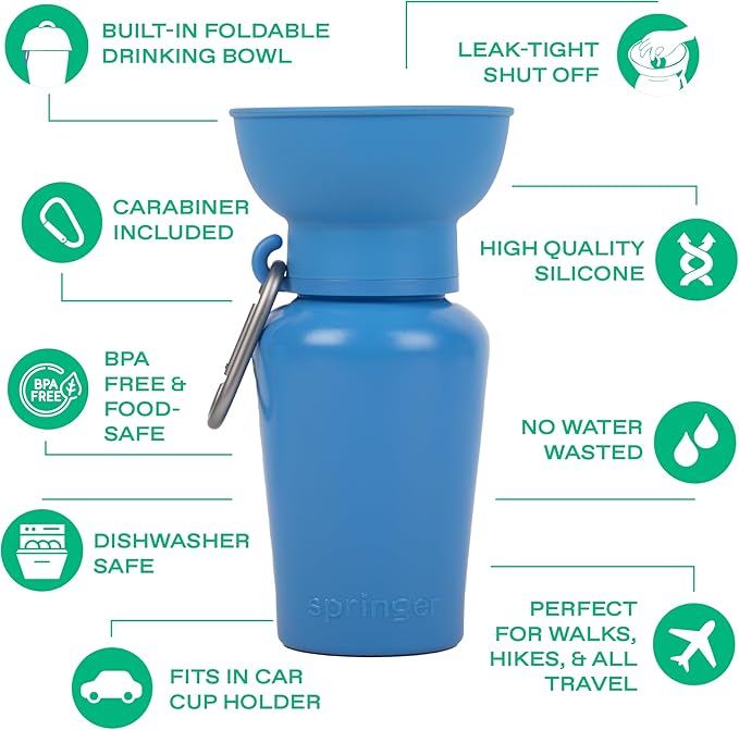 Springer Flip Portable Dog Water Bottle with Foldable Food Grade Silicone Bowl - 20 Ounce Travel