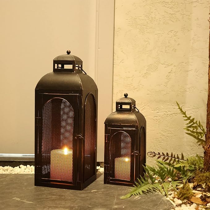 DECORKEY Luxury Lantern Decorative Outdoor & Indoor, Set of 2 (19’’&13’’) Metal Candle Lanterns