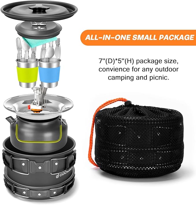 Odoland 16pcs Camping Cookware Set with Folding Camping Stove, Non-Stick Lightweight Pot Pan Kettle