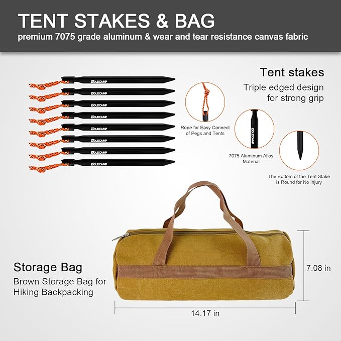 8 Pack Tent Stakes and Hammer with Canvas Storage Bag, Heavy Duty Camping Stakes for Outdoor Tent &