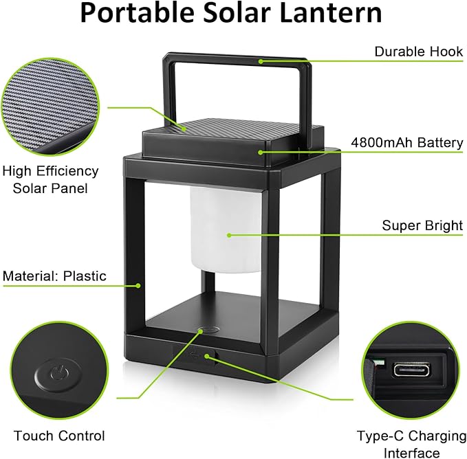 Outdoor Table Lamp, LED Solar Outdoor Lantern, Portable Rechargeable Solar Lamp Waterproof, Touch