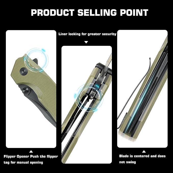 EDC Pocket Knife Rhino,3" D2 Steel Blade Durable G10 Handle, Folding Pocket Knives with Reversible