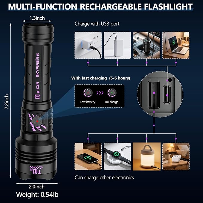 SKYFIRE Rechargeable Flashlights High Lumens: LED Super Bright Flashlight Zoomable with 5 Modes