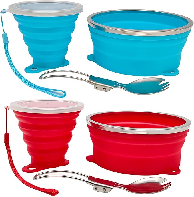 Mess Kit for Camping Silicone Collapsible Bowl Collapsible Cup and Stainless Steel Spoon for