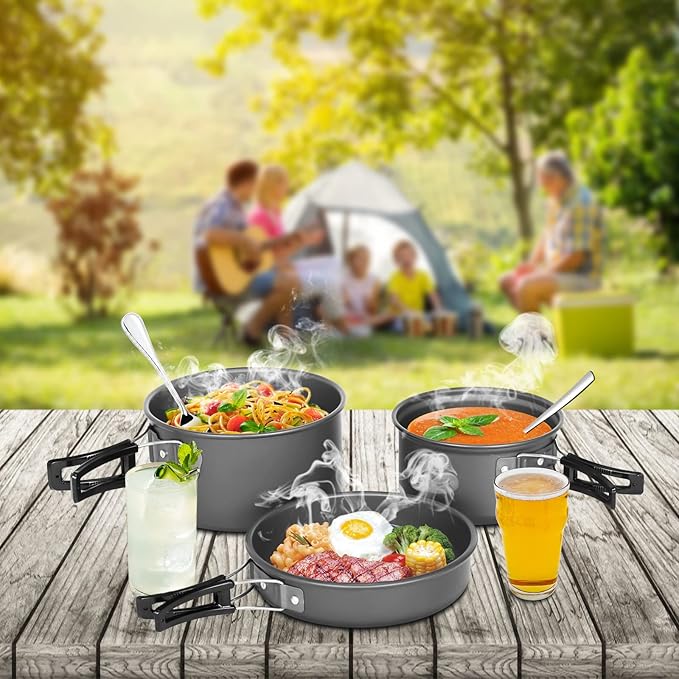 Lixada 10pcs Camping Cookware Mess Kit, Non-Stick Lightweight Stackable Pot Pan Bowls Camping