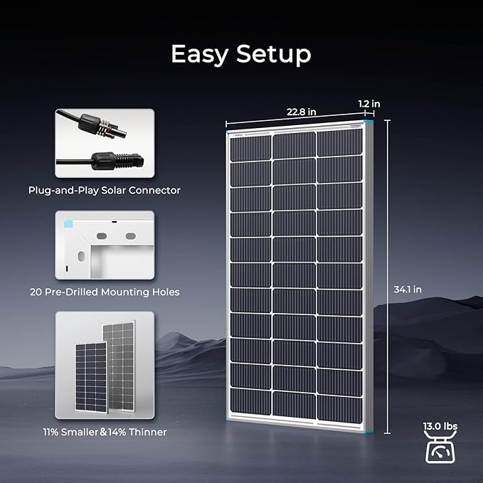 Renogy Solar Panel 100 Watt 12 Volt, High-Efficiency Monocrystalline PV Module Power Charger for RV