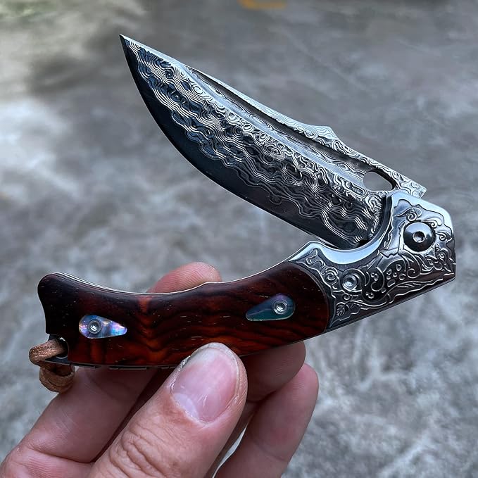 Handmade knife Japanese VG10 Damascus Steel Folding Knife,Rosewood Liner Lock Handle,EDC Pocket