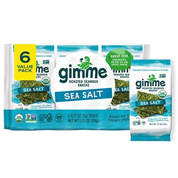 Gimme Seaweed Organic Premium Roasted Seaweed Snacks, Sea Salt, 6 Count, Keto, Vegan, Gluten-Free