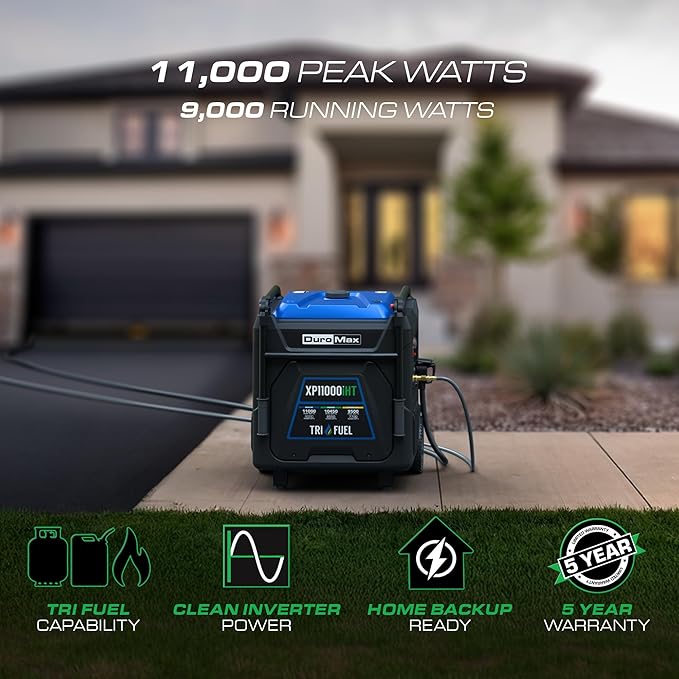 DuroMax XP11000iHT 11,000-Watt Tri Fuel Portable Digital Inverter Generator - Gas, Propane &