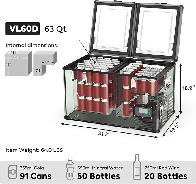 ICECO VL60 Dual Zone Portable Refrigerator with SECOP Compressor, 60 Liters Platinum Compact